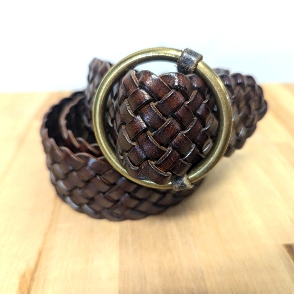Vintage Wide Braided Leather Belt Brass Circle Buckle Dark Brown Boho Festival